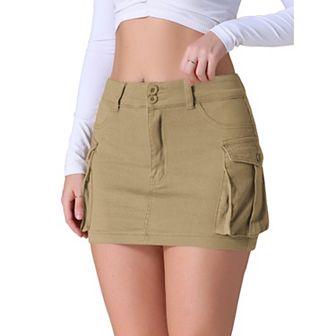 Women's Cargo Denim Skirts Stretch Flap Pockets Button Bodycon Mini Jean Skort