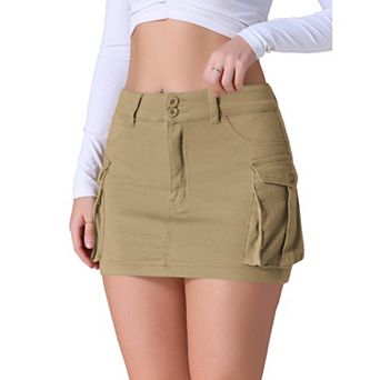 Women's Cargo Denim Skirts Stretch Flap Pockets Button Bodycon Mini Jean Skort