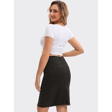 Women's Denim Skirt Ripped Raw Hem High Waisted Stretch Above the Knee Jean Skirts