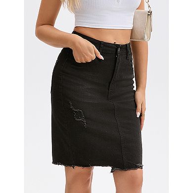 Women's Denim Skirt Ripped Raw Hem High Waisted Stretch Above the Knee Jean Skirts