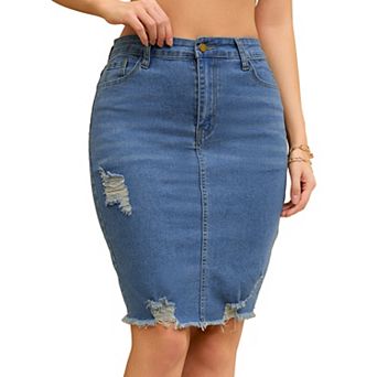 Women's Denim Skirt Ripped Raw Hem High Waisted Stretch Above the Knee Jean Skirts