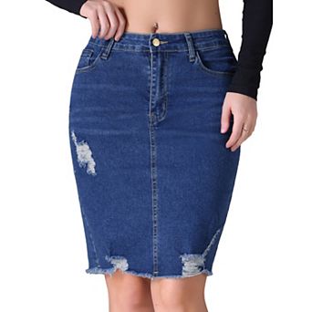 Women's Denim Skirt Ripped Raw Hem High Waisted Stretch Above the Knee Jean Skirts
