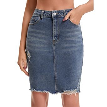 Women's Denim Skirt Ripped Raw Hem High Waisted Stretch Above the Knee Jean Skirts
