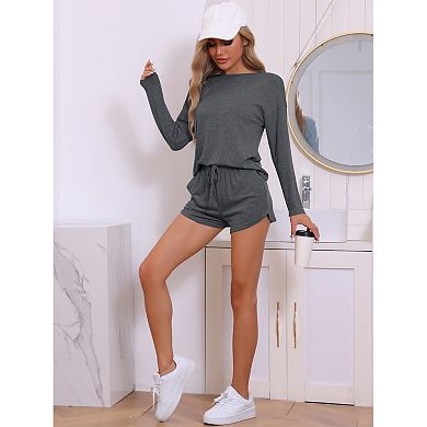 Women's Pajamas Set Long Sleeve Elastic Waistband Top and Shorts Loungewear Sweatsuit with Pockets