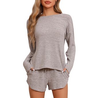 Women's Pajamas Set Long Sleeve Elastic Waistband Top and Shorts Loungewear Sweatsuit with Pockets