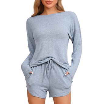 Women's Pajamas Set Long Sleeve Elastic Waistband Top and Shorts Loungewear Sweatsuit with Pockets