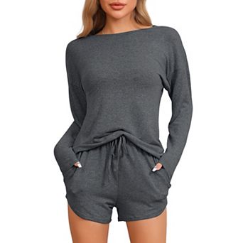 Women's Pajamas Set Long Sleeve Elastic Waistband Top and Shorts Loungewear Sweatsuit with Pockets