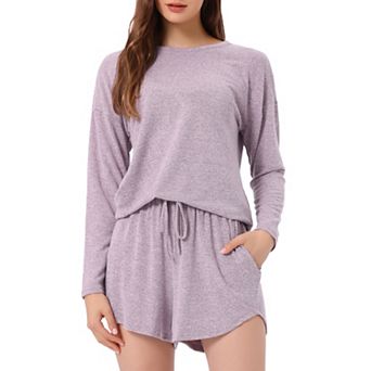 Women's Pajamas Set Long Sleeve Elastic Waistband Top and Shorts Loungewear Sweatsuit with Pockets