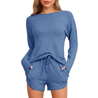 Women's Pajamas Set Long Sleeve Elastic Waistband Top and Shorts Loungewear Sweatsuit with Pockets