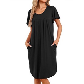 Women's Pleated Front Loose Fit Short Sleeve Nightgown House Dress Loose Nightshirt with Hand Pocket