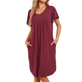 Women's Pleated Front Loose Fit Short Sleeve Nightgown House Dress Loose Nightshirt with Hand Pocket
