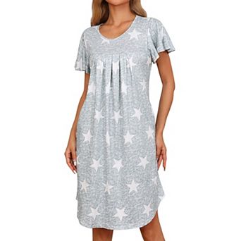 Women's Pleated Front Loose Fit Short Sleeve Nightgown House Dress Loose Nightshirt with Hand Pocket