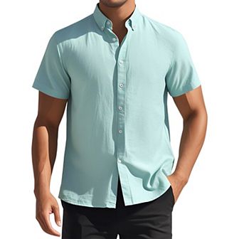 Men's Solid Dress Shirts Short Sleeve Cotton Regular Fit Button Down Formal Business Oxford Shirt