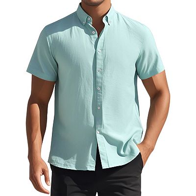 Men's Solid Dress Shirts Short Sleeve Cotton Regular Fit Button Down Formal  Business Oxford Shirt