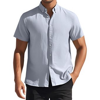 Men's Solid Dress Shirts Short Sleeve Cotton Regular Fit Button Down Formal Business Oxford Shirt