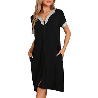 Women's Zipper Front Nightgown House Coat Short Sleeves Robe Zip Up Sleepwear with Pockets