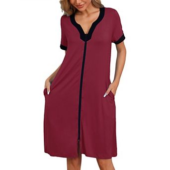 Women's Zipper Front Nightgown House Coat Short Sleeves Robe Zip Up Sleepwear with Pockets