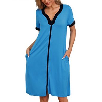 Women's Zipper Front Nightgown House Coat Short Sleeves Robe Zip Up Sleepwear with Pockets