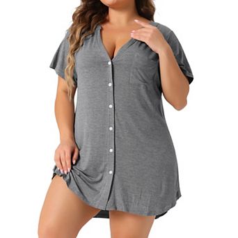 Plus Size Women's Short Sleeve Sleepshirt Soft Pajamas Dress V Neck Button Down Nightgown