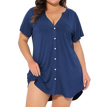 Plus Size Women's Short Sleeve Sleepshirt Soft Pajamas Dress V Neck Button Down Nightgown