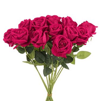 12 pc Roses Artificial Flowers, Velvet Rose Real Touch Fake Roses with Stems for Wedding