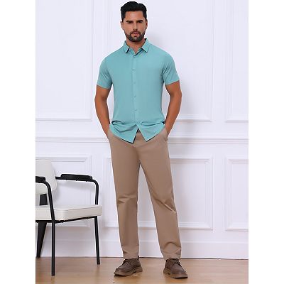 Men's Button Down Point Collar Short Sleeve Solid Color Business Dress  Shirts