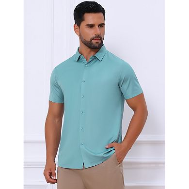 Men's Button Down Point Collar Short Sleeve Solid Color Business Dress Shirts