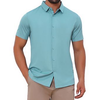 Men's Button Down Point Collar Short Sleeve Solid Color Business Dress Shirts