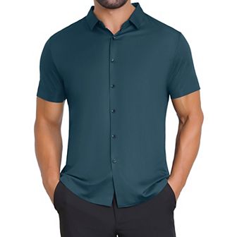 Men's Button Down Point Collar Short Sleeve Solid Color Business Dress Shirts