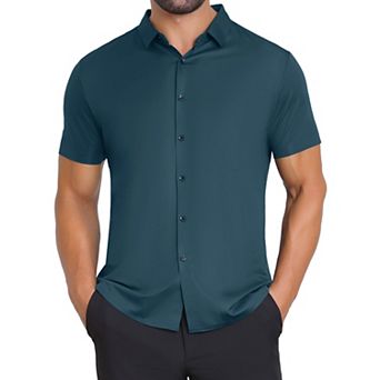 Men's Button Down Point Collar Short Sleeve Solid Color Business Dress Shirts