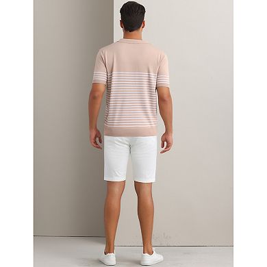 Men's Striped Polo Shirt Regular Fit Short Sleeves Button Down Collared Casual Knit Golf Shirts
