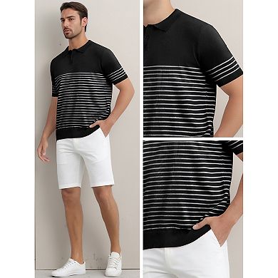 Men's Striped Polo Shirt Regular Fit Short Sleeves Button Down Collared Casual Knit Golf Shirts
