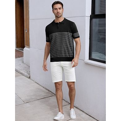 Men's Striped Polo Shirt Regular Fit Short Sleeves Button Down Collared Casual Knit Golf Shirts