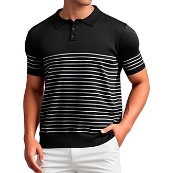 Men's Striped Polo Shirt Regular Fit Short Sleeves Button Down Collared Casual Knit Golf Shirts