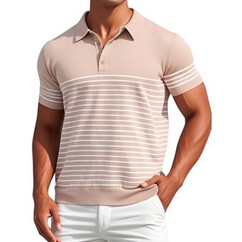 Men's Striped Polo Shirt Regular Fit Short Sleeves Button Down Collared Casual Knit Golf Shirts
