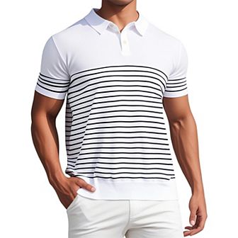 Men's Striped Polo Shirt Regular Fit Short Sleeves Button Down Collared Casual Knit Golf Shirts