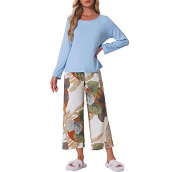 Women's Lounge Set Floral Capri Long Sleeve Shirt Soft Stretchy Pajama Sets 2 pc Loungewear