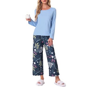 Women's Lounge Set Floral Capri Long Sleeve Shirt Soft Stretchy Pajama Sets 2 pc Loungewear