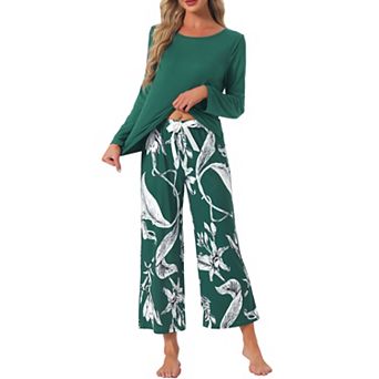 Women's Lounge Set Floral Capri Long Sleeve Shirt Soft Stretchy Pajama Sets 2 pc Loungewear