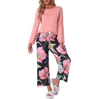 Women's Lounge Set Floral Capri Long Sleeve Shirt Soft Stretchy Pajama Sets 2 pc Loungewear