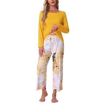 Women's Lounge Set Floral Capri Long Sleeve Shirt Soft Stretchy Pajama Sets 2 pc Loungewear