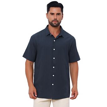 Men's Linen Shirts Short Sleeve Button Down Beach Summer Camp Collar Shirt