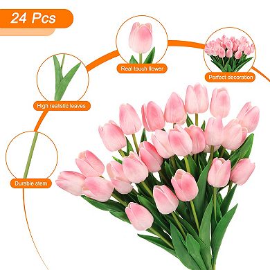 24 Pcs Fake Tulips Artificial Flowers, PU Artificial Tulips Real Touch with Stems