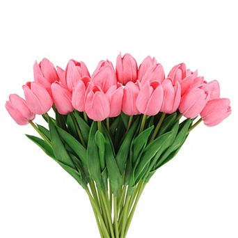 24 pc Fake Tulips Artificial Flowers, PU Artificial Tulips Real Touch with Stems