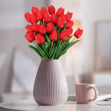 24 Pcs Fake Tulips Artificial Flowers, PU Artificial Tulips Real Touch with Stems for Home Decor