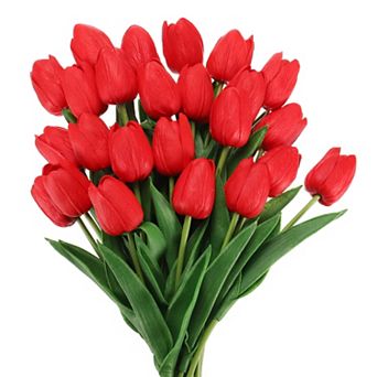 24 pc Fake Tulips Artificial Flowers, PU Artificial Tulips Real Touch with Stems for Home Decor