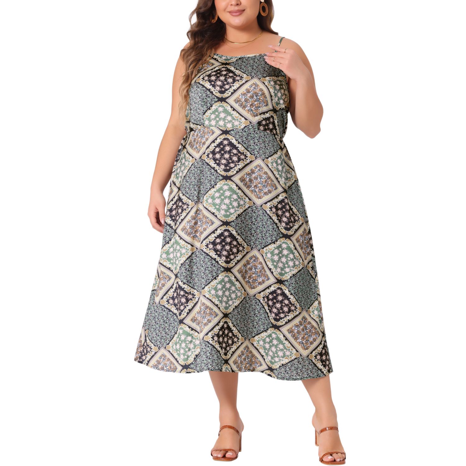 Agnes Orinda Women's PlusSizeBoho Sleeveless Spaghetti Strap Summer Beach Midi Sundresses Green Brown 3X Plus Size Boho Dress For Women Bohemian Sleeveless Spaghetti Strap Midi  Summer Dresses