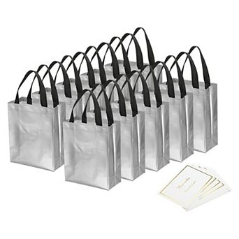 10"x8"x4" Gift Bags with Best Wish Cards, 12 Set Reusable Non-Woven Metallic Shiny Gift Goodie Bags