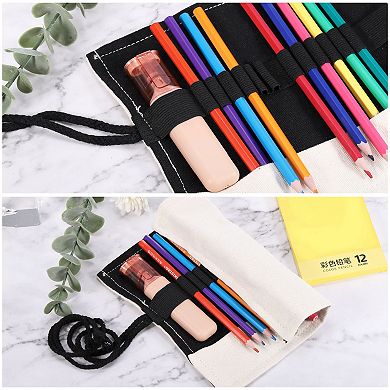Handmade Roll Up Pencil Case, Canvas Pencil Wrap Pouch Pen Holder Organizer for Artist Drawing