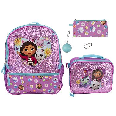 Gabby's Dollhouse 5-Piece Backpack, Lunch Bag, Pencil Case, Squish Ball, & Carabiner Sparkly Set